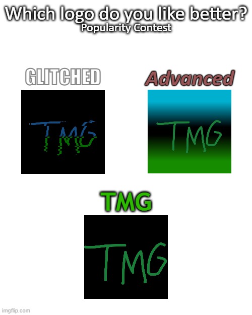 Monthly Imgflip Community Voting #2 - Popularity Contest | Which logo do you like better? Popularity Contest; Advanced; GLITCHED; TMG | image tagged in community voting process,which is better,popularity contest,logo | made w/ Imgflip meme maker