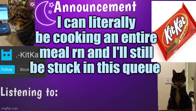 Kitty's announcment temp V3 | I can literally be cooking an entire meal rn and I'll still be stuck in this queue | image tagged in kitty's announcment temp v3 | made w/ Imgflip meme maker