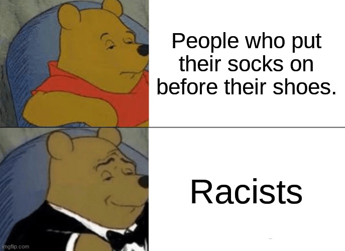 Tuxedo Winnie The Pooh | People who put their socks on before their shoes. Racists | image tagged in memes,tuxedo winnie the pooh | made w/ Imgflip meme maker