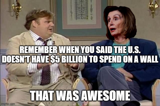 Chris Farley interviews Pelosi | REMEMBER WHEN YOU SAID THE U.S. DOESN'T HAVE $5 BILLION TO SPEND ON A WALL THAT WAS AWESOME | image tagged in chris farley interviews pelosi | made w/ Imgflip meme maker