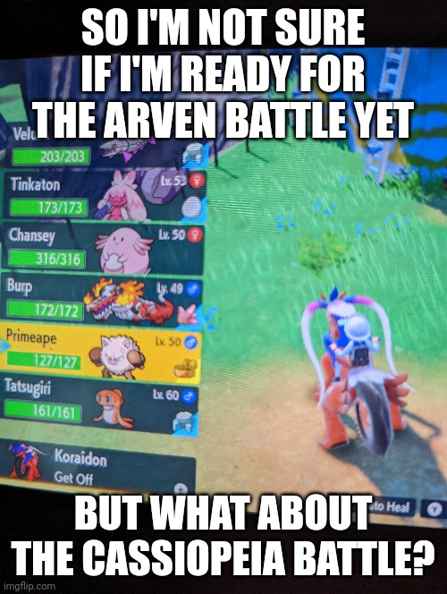Tell meeeee | SO I'M NOT SURE IF I'M READY FOR THE ARVEN BATTLE YET; BUT WHAT ABOUT THE CASSIOPEIA BATTLE? | image tagged in pokemon | made w/ Imgflip meme maker