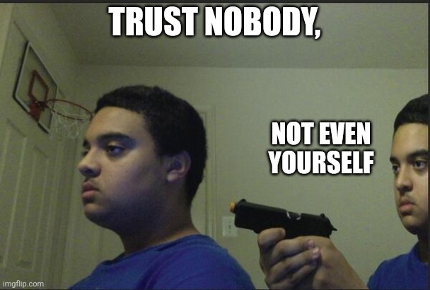 Trust Nobody, Not Even Yourself | TRUST NOBODY, NOT EVEN YOURSELF | image tagged in trust nobody not even yourself | made w/ Imgflip meme maker