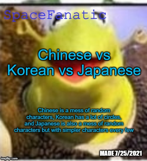 Ye Olde Announcements | Chinese vs Korean vs Japanese; Chinese is a mess of random characters, Korean has a lot of circles, and Japanese is also a mess of random characters but with simpler characters every few | image tagged in spacefanatic announcement temp | made w/ Imgflip meme maker