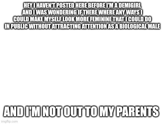 Blank White Template | HEY I HAVEN'T POSTED HERE BEFORE I'M A DEMIGIRL AND I WAS WONDERING IF THERE WHERE ANY WAYS I COULD MAKE MYSELF LOOK MORE FEMININE THAT I COULD DO IN PUBLIC WITHOUT ATTRACTING ATTENTION AS A BIOLOGICAL MALE; AND I'M NOT OUT TO MY PARENTS | image tagged in blank white template | made w/ Imgflip meme maker