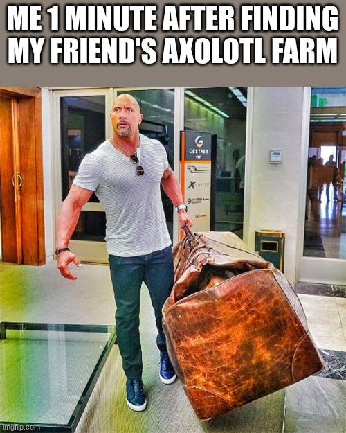 True story | ME 1 MINUTE AFTER FINDING MY FRIEND'S AXOLOTL FARM | image tagged in the rock carrying giant bag | made w/ Imgflip meme maker