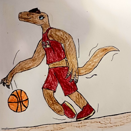 Finished! | image tagged in drawing,dinosaur,scaly,oc,original character,basketball | made w/ Imgflip meme maker