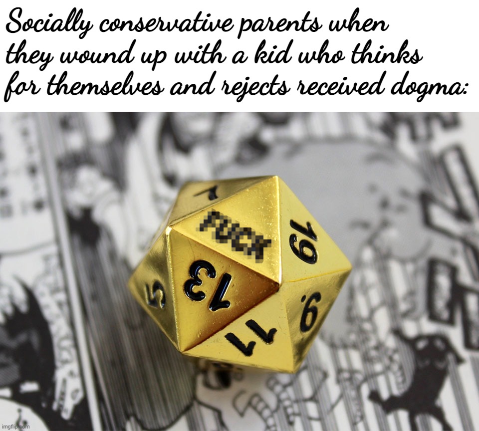 Dang, I'm sorry to hear that. Re-roll? | Socially conservative parents when they wound up with a kid who thinks for themselves and rejects received dogma: | image tagged in critical failure d20 dice roll,conservative logic,parents,parenting,bad parenting,bad parents | made w/ Imgflip meme maker
