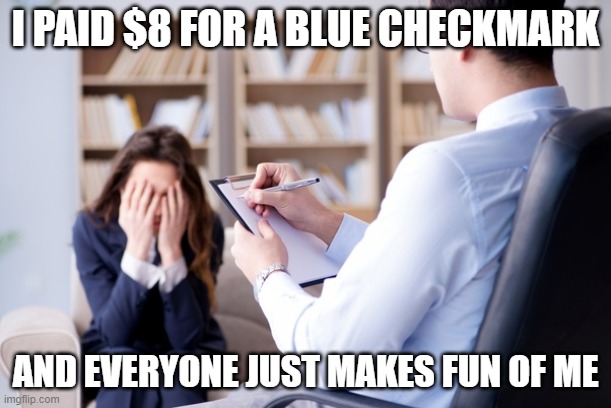 twitter checkmark | I PAID $8 FOR A BLUE CHECKMARK; AND EVERYONE JUST MAKES FUN OF ME | image tagged in psychiatrist,twitter,blue checkmark,paid checkmark | made w/ Imgflip meme maker