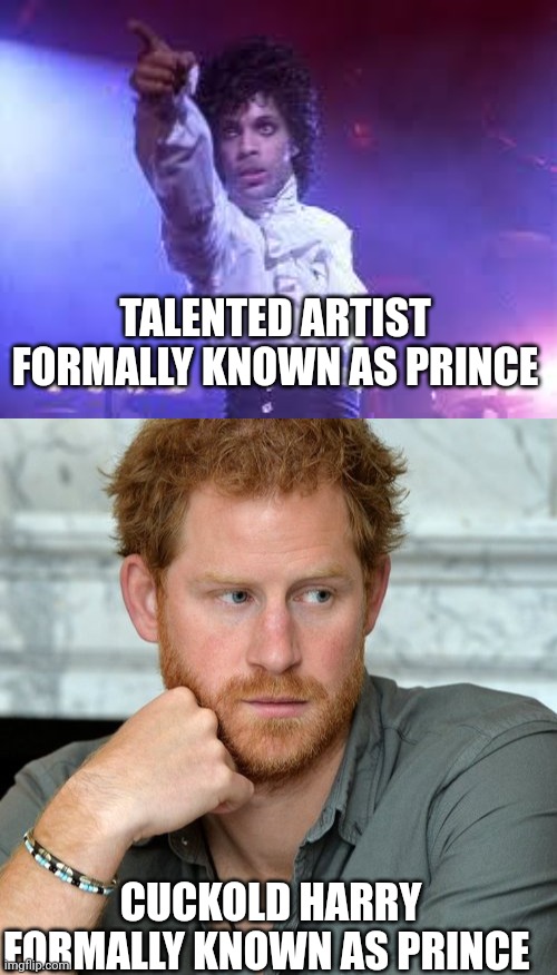 The foyles | TALENTED ARTIST FORMALLY KNOWN AS PRINCE; CUCKOLD HARRY FORMALLY KNOWN AS PRINCE | image tagged in prince,prince harry | made w/ Imgflip meme maker