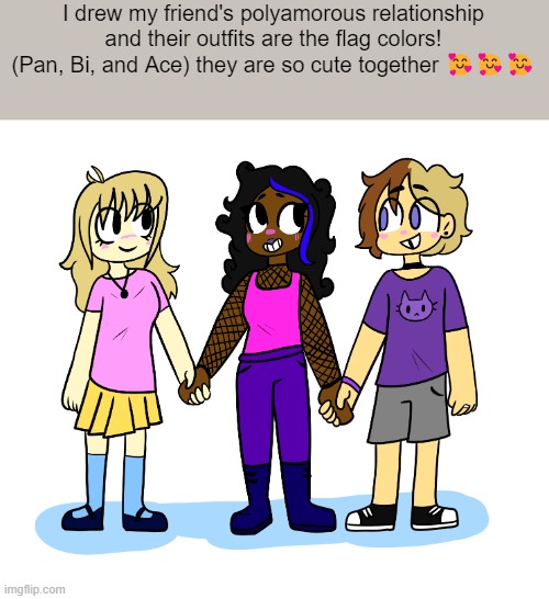 behold!! | I drew my friend's polyamorous relationship and their outfits are the flag colors! (Pan, Bi, and Ace) they are so cute together 🥰🥰🥰 | made w/ Imgflip meme maker