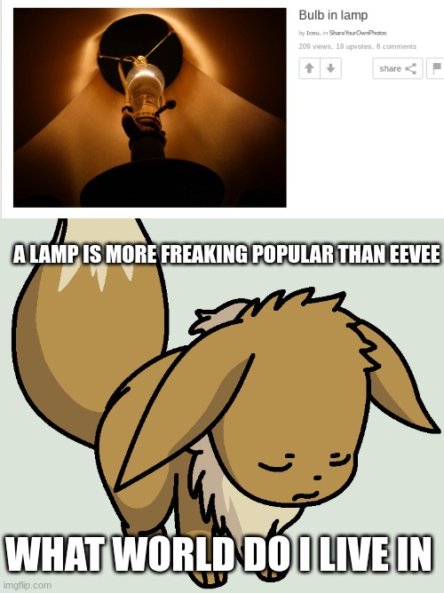 sadness | A LAMP IS MORE FREAKING POPULAR THAN EEVEE; WHAT WORLD DO I LIVE IN | image tagged in sad,eevee,lamp | made w/ Imgflip meme maker