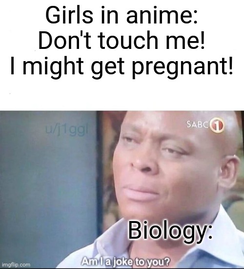 I've seen memes about this | Girls in anime: Don't touch me! I might get pregnant! Biology: | image tagged in am i a joke to you,anime | made w/ Imgflip meme maker