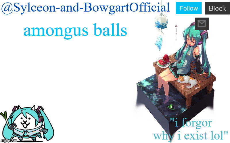 amongus balls | image tagged in sylc's miku announcement temp | made w/ Imgflip meme maker
