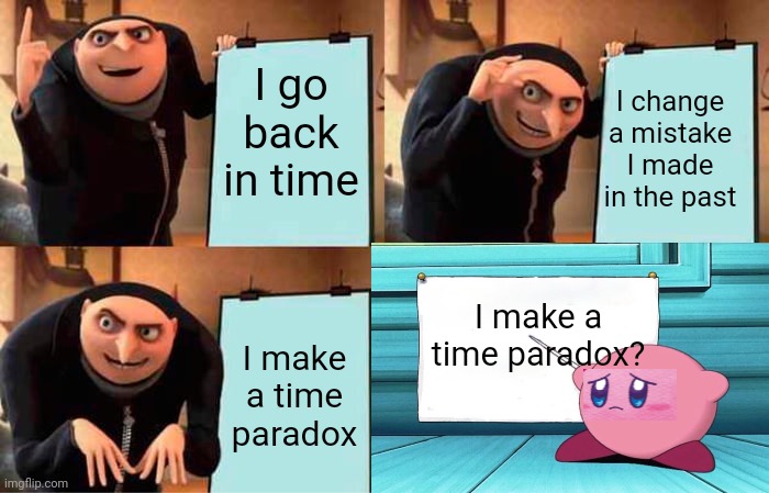 Time travel in a nutshell | I go back in time; I change a mistake I made in the past; I make a time paradox? I make a time paradox | image tagged in kirby,gru's plan,time travel,meme | made w/ Imgflip meme maker
