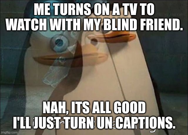 Private Internal Screaming | ME TURNS ON A TV TO WATCH WITH MY BLIND FRIEND. NAH, ITS ALL GOOD I'LL JUST TURN UN CAPTIONS. | image tagged in private internal screaming,funny,penguin,pain,blind,tv | made w/ Imgflip meme maker