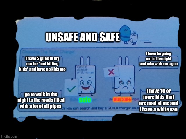 UNSAFE AND SAFE; l have be going out in the night and take with me a gun; I have 5 guns in my car for "not killing kids" and have no kids too; I have 10 or more kids that are mad at me and i have a white van; go to walk in the night to the roads filled with a lot of oil pipes; safe; NOT SAFE | made w/ Imgflip meme maker