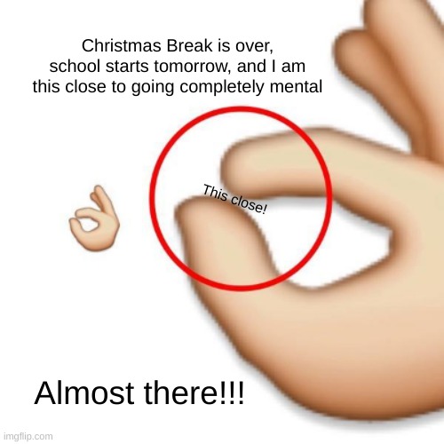 THIS CLOSE :D | Christmas Break is over, school starts tomorrow, and I am this close to going completely mental; This close! Almost there!!! | image tagged in 'i'm this close' | made w/ Imgflip meme maker