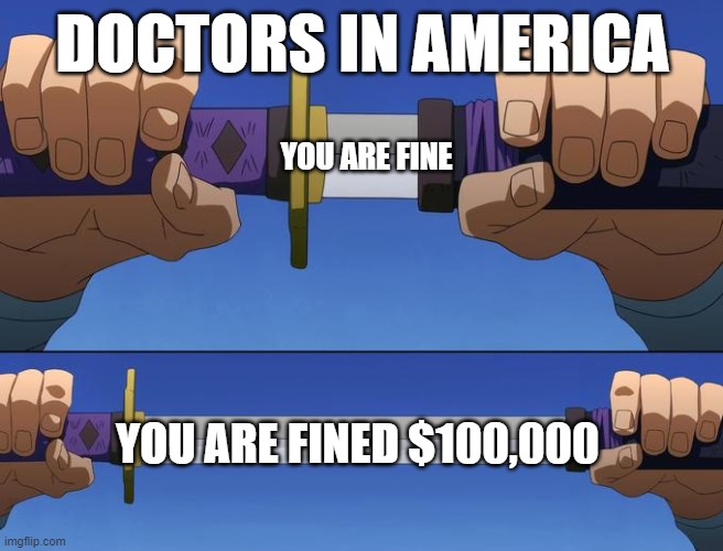 We will make you unfine with the fine | DOCTORS IN AMERICA; YOU ARE FINE; YOU ARE FINED $100,000 | image tagged in unsheathe sword,memes,sword | made w/ Imgflip meme maker