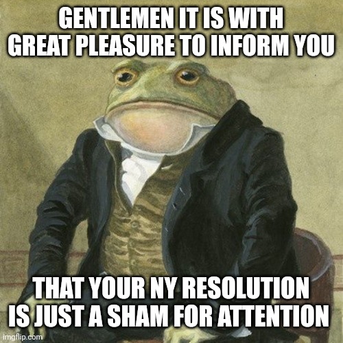 NY resolution | GENTLEMEN IT IS WITH GREAT PLEASURE TO INFORM YOU; THAT YOUR NY RESOLUTION IS JUST A SHAM FOR ATTENTION | image tagged in gentlemen it is with great pleasure to inform you that | made w/ Imgflip meme maker