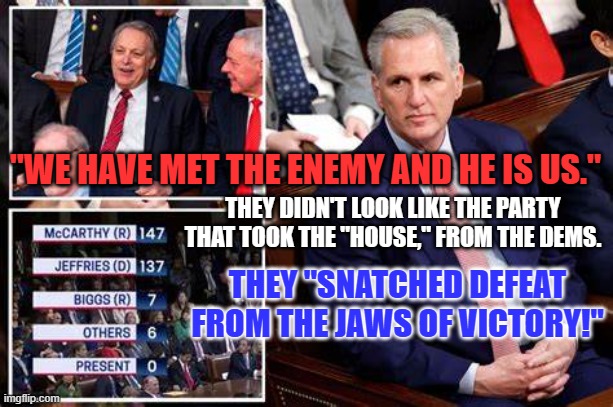 Don't hate the GOP.  That's the GOP's job. | "WE HAVE MET THE ENEMY AND HE IS US."; THEY DIDN'T LOOK LIKE THE PARTY THAT TOOK THE "HOUSE," FROM THE DEMS. THEY "SNATCHED DEFEAT FROM THE JAWS OF VICTORY!" | image tagged in politics | made w/ Imgflip meme maker