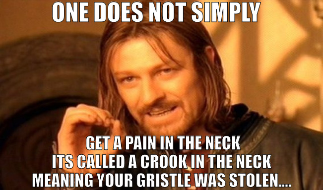 THINK ABOUT THE SIMPLICITY | ONE DOES NOT SIMPLY; GET A PAIN IN THE NECK ITS CALLED A CROOK IN THE NECK MEANING YOUR GRISTLE WAS STOLEN.... | image tagged in memes,one does not simply | made w/ Imgflip meme maker