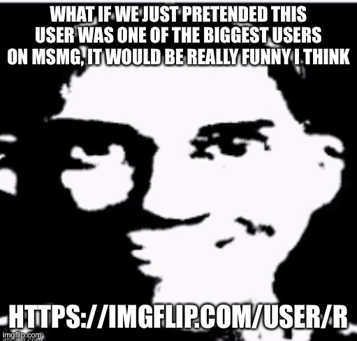 WHAT IF WE JUST PRETENDED THIS USER WAS ONE OF THE BIGGEST USERS ON MSMG, IT WOULD BE REALLY FUNNY I THINK; HTTPS://IMGFLIP.COM/USER/R | made w/ Imgflip meme maker