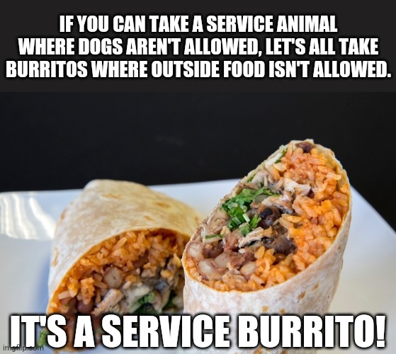 Burrito! | IF YOU CAN TAKE A SERVICE ANIMAL WHERE DOGS AREN'T ALLOWED, LET'S ALL TAKE BURRITOS WHERE OUTSIDE FOOD ISN'T ALLOWED. IT'S A SERVICE BURRITO! | image tagged in burrito | made w/ Imgflip meme maker