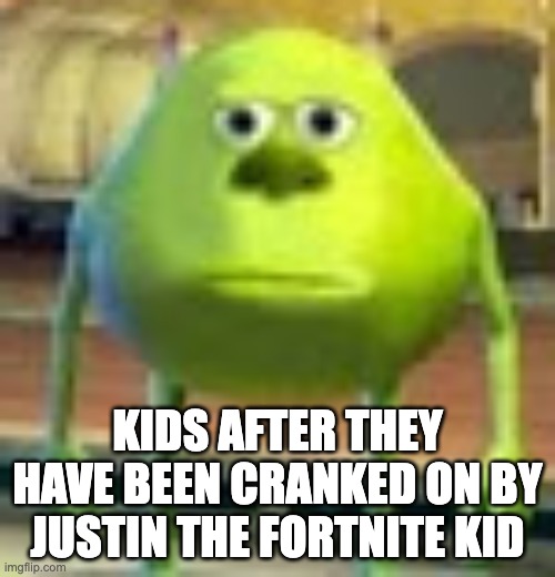 Sully Wazowski | KIDS AFTER THEY HAVE BEEN CRANKED ON BY JUSTIN THE FORTNITE KID | image tagged in sully wazowski | made w/ Imgflip meme maker
