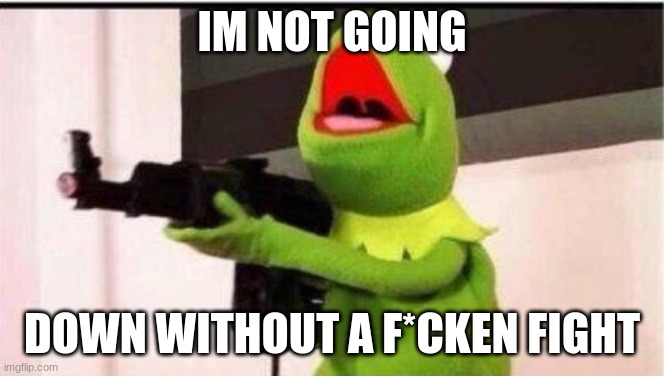 kermit with an ak47 | IM NOT GOING DOWN WITHOUT A F*CKEN FIGHT | image tagged in kermit with an ak47 | made w/ Imgflip meme maker