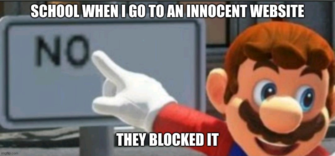 Mario points at a "NO" sign | SCHOOL WHEN I GO TO AN INNOCENT WEBSITE; THEY BLOCKED IT | image tagged in mario points at a no sign | made w/ Imgflip meme maker