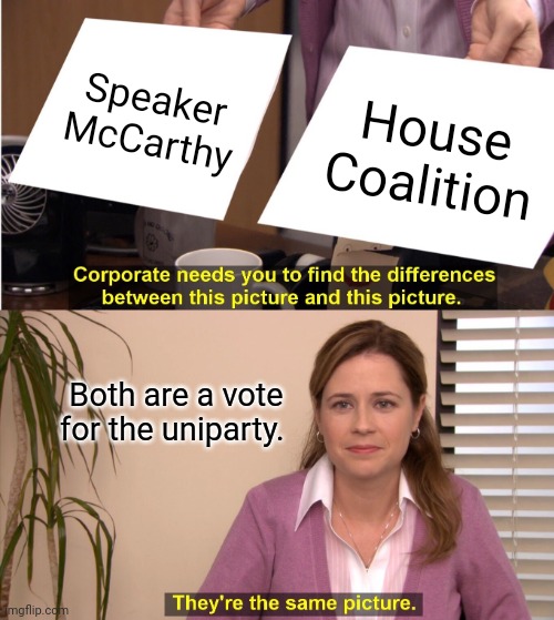 McCarthy and House Coalition - Uniparty is Uniparty |  Speaker McCarthy; House Coalition; Both are a vote for the uniparty. | image tagged in memes,they're the same picture,establishment,gop,drain the swamp | made w/ Imgflip meme maker
