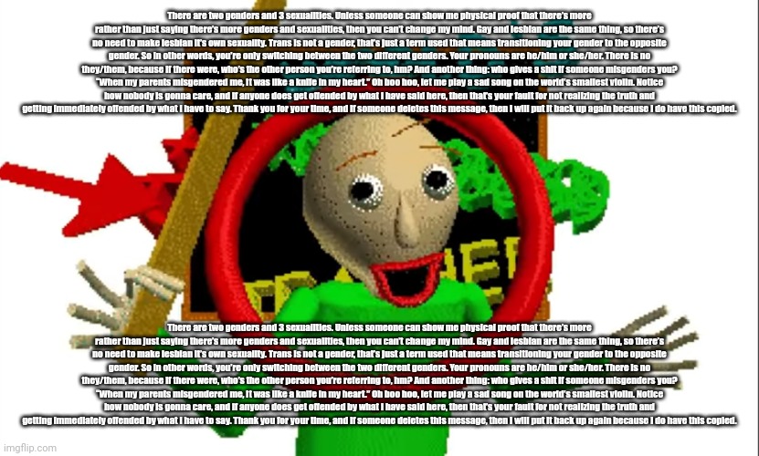 There are two genders and 3 sexualities. Unless someone can show me physical proof that there’s more rather than just saying the | There are two genders and 3 sexualities. Unless someone can show me physical proof that there’s more rather than just saying there’s more genders and sexualities, then you can’t change my mind. Gay and lesbian are the same thing, so there’s no need to make lesbian it’s own sexuality. Trans is not a gender, that’s just a term used that means transitioning your gender to the opposite gender. So in other words, you’re only switching between the two different genders. Your pronouns are he/him or she/her. There is no they/them, because if there were, who’s the other person you’re referring to, hm? And another thing: who gives a shit if someone misgenders you? “When my parents misgendered me, it was like a knife in my heart.” Oh boo hoo, let me play a sad song on the world’s smallest violin. Notice how nobody is gonna care, and if anyone does get offended by what I have said here, then that’s your fault for not realizing the truth and getting immediately offended by what I have to say. Thank you for your time, and if someone deletes this message, then I will put it back up again because I do have this copied. There are two genders and 3 sexualities. Unless someone can show me physical proof that there’s more rather than just saying there’s more genders and sexualities, then you can’t change my mind. Gay and lesbian are the same thing, so there’s no need to make lesbian it’s own sexuality. Trans is not a gender, that’s just a term used that means transitioning your gender to the opposite gender. So in other words, you’re only switching between the two different genders. Your pronouns are he/him or she/her. There is no they/them, because if there were, who’s the other person you’re referring to, hm? And another thing: who gives a shit if someone misgenders you? “When my parents misgendered me, it was like a knife in my heart.” Oh boo hoo, let me play a sad song on the world’s smallest violin. Notice how nobody is gonna care, and if anyone does get offended by what I have said here, then that’s your fault for not realizing the truth and getting immediately offended by what I have to say. Thank you for your time, and if someone deletes this message, then I will put it back up again because I do have this copied. | image tagged in mr baldiiiiiiiiii | made w/ Imgflip meme maker