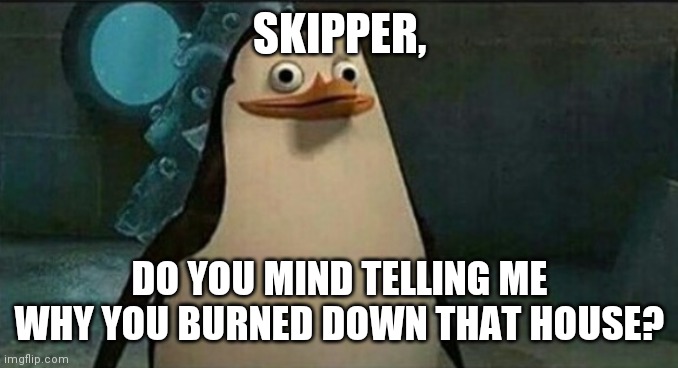 Confused Private Penguin | SKIPPER, DO YOU MIND TELLING ME WHY YOU BURNED DOWN THAT HOUSE? | image tagged in confused private penguin | made w/ Imgflip meme maker
