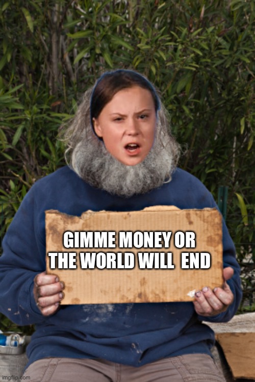 Money me money | GIMME MONEY OR THE WORLD WILL  END | image tagged in blak homeless sign,greta thunberg,environment | made w/ Imgflip meme maker