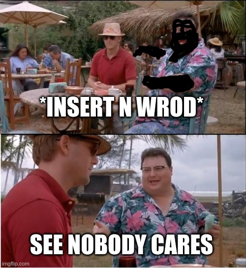 he black so it ok, also targeted to site mids | *INSERT N WROD*; SEE NOBODY CARES | image tagged in memes,see nobody cares | made w/ Imgflip meme maker