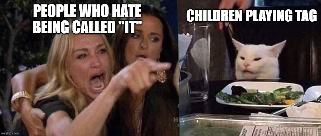 Tag! You're It! | PEOPLE WHO HATE BEING CALLED "IT"; CHILDREN PLAYING TAG | image tagged in woman yelling at cat,tag,game,memes | made w/ Imgflip meme maker