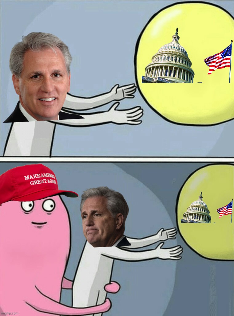 Kevin McCarthy's Speakership Battle: A Meme Without Words | image tagged in memes,running away balloon,kevin mccarthy,maga,congress,republican party | made w/ Imgflip meme maker