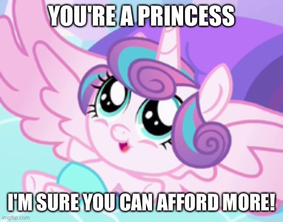 my little pony flurry heart | YOU'RE A PRINCESS I'M SURE YOU CAN AFFORD MORE! | image tagged in my little pony flurry heart | made w/ Imgflip meme maker