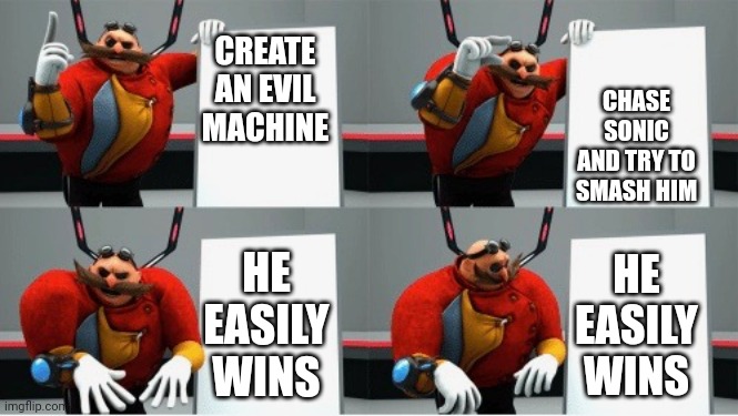 Eggman's plan | CHASE SONIC AND TRY TO SMASH HIM; CREATE AN EVIL MACHINE; HE EASILY WINS; HE EASILY WINS | image tagged in gru's plan eggman | made w/ Imgflip meme maker