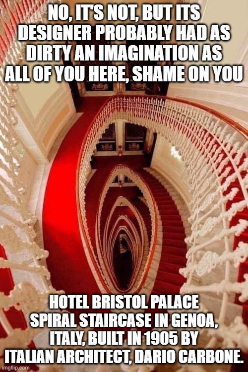 NO, IT'S NOT, BUT ITS DESIGNER PROBABLY HAD AS DIRTY AN IMAGINATION AS ALL OF YOU HERE, SHAME ON YOU; HOTEL BRISTOL PALACE SPIRAL STAIRCASE IN GENOA, ITALY, BUILT IN 1905 BY ITALIAN ARCHITECT, DARIO CARBONE. | image tagged in staircase,immagination,dirty mind | made w/ Imgflip meme maker
