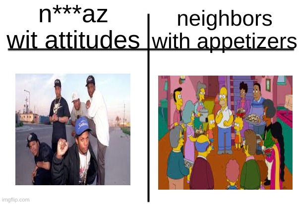 NWA vs NWA | n***az wit attitudes; neighbors with appetizers | image tagged in t chart,nwa,the simpsons,hip hop,rap | made w/ Imgflip meme maker