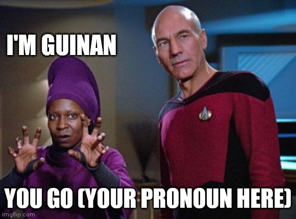 Guinan & Picard | I'M GUINAN YOU GO (YOUR PRONOUN HERE) | image tagged in guinan picard | made w/ Imgflip meme maker