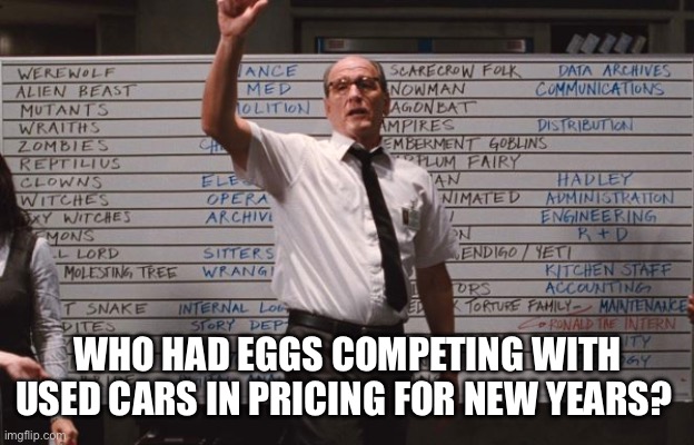 You need a good down payment for those | WHO HAD EGGS COMPETING WITH USED CARS IN PRICING FOR NEW YEARS? | image tagged in cabin the the woods | made w/ Imgflip meme maker