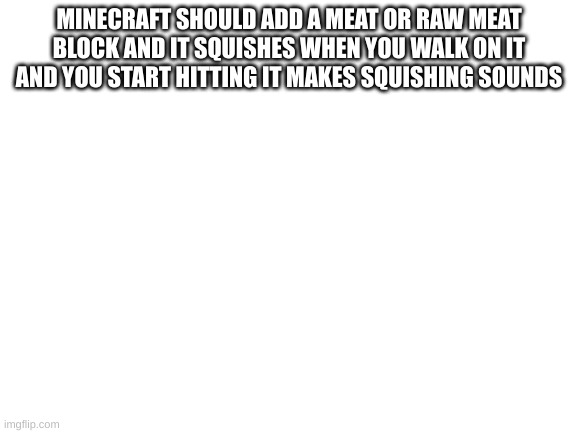that would be so cool lmao | MINECRAFT SHOULD ADD A MEAT OR RAW MEAT BLOCK AND IT SQUISHES WHEN YOU WALK ON IT AND YOU START HITTING IT MAKES SQUISHING SOUNDS | image tagged in blank white template | made w/ Imgflip meme maker