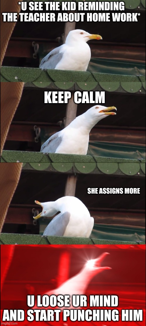 Inhaling Seagull Meme | *U SEE THE KID REMINDING THE TEACHER ABOUT HOME WORK*; KEEP CALM; SHE ASSIGNS MORE; U LOOSE UR MIND AND START PUNCHING HIM | image tagged in memes,inhaling seagull | made w/ Imgflip meme maker