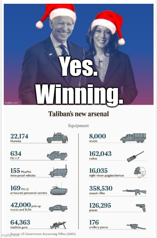 Taliban's new $83B democrat Arsenal | Yes. Winning. | image tagged in taliban's new 83b democrat arsenal | made w/ Imgflip meme maker