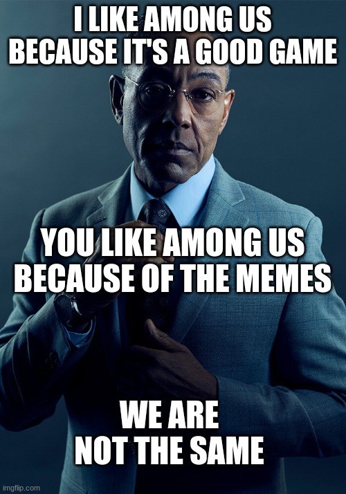 i still like the clever memes btw | I LIKE AMONG US BECAUSE IT'S A GOOD GAME; YOU LIKE AMONG US BECAUSE OF THE MEMES; WE ARE NOT THE SAME | image tagged in gus fring we are not the same | made w/ Imgflip meme maker