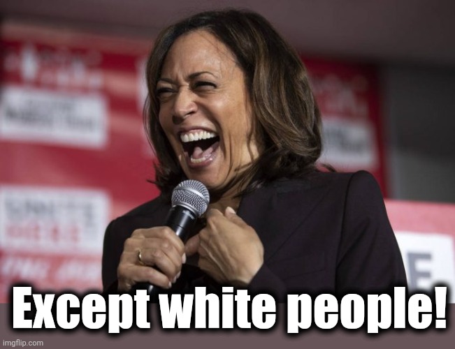 Kamala laughing | Except white people! | image tagged in kamala laughing | made w/ Imgflip meme maker