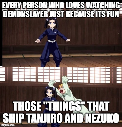 Zenitsu | EVERY PERSON WHO LOVES WATCHING DEMONSLAYER JUST BECAUSE ITS FUN; THOSE "THINGS" THAT SHIP TANJIRO AND NEZUKO | image tagged in zenitsu | made w/ Imgflip meme maker
