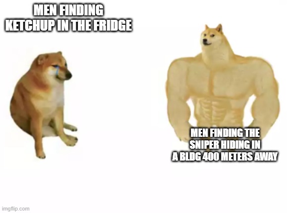 All men agree | MEN FINDING KETCHUP IN THE FRIDGE; MEN FINDING THE SNIPER HIDING IN A BLDG 400 METERS AWAY | image tagged in buff doge vs cheems reversed | made w/ Imgflip meme maker